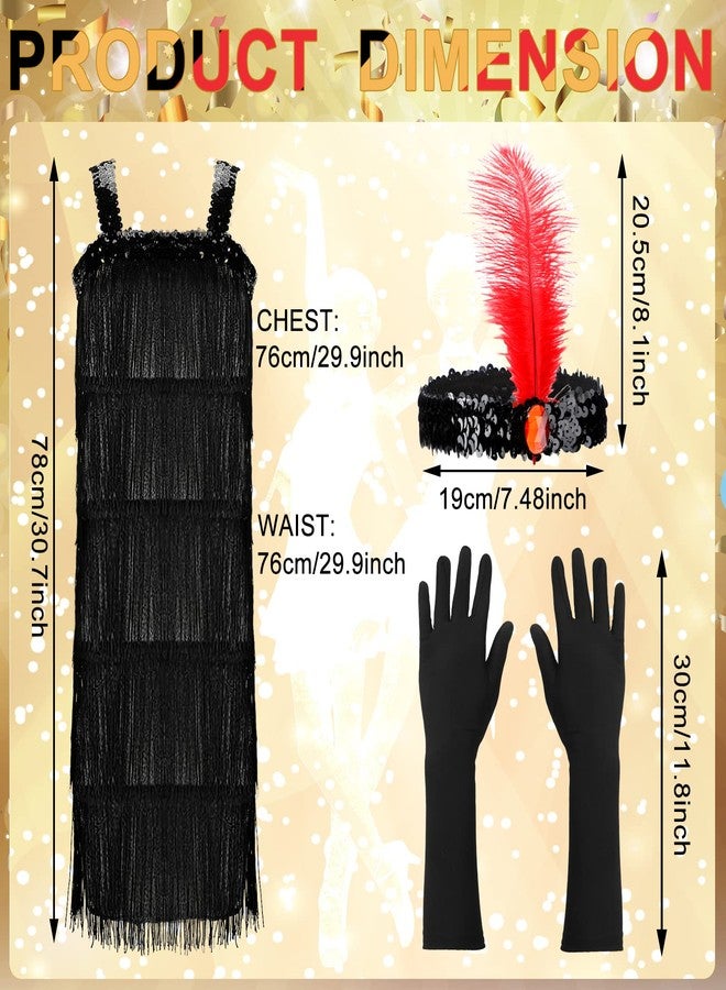 Seematn 4 Pieces Girl's 20s Flapper Dresses Costume Set Feather Headband Fringed Dresses Gloves for Halloween Party(One Size,Black) - Image 2